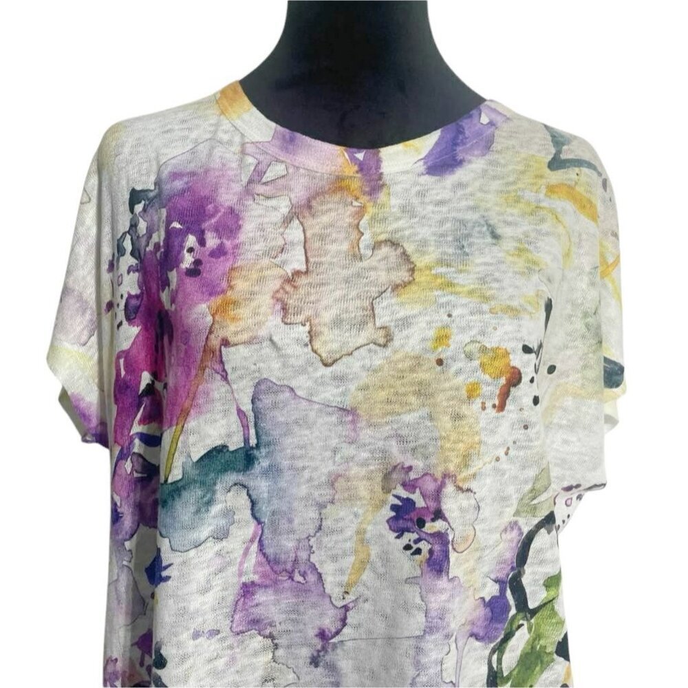 Jess & Jane Size Medium Top Blouse Short Sleeve Floral Abstract Art Watercolor - Picture 2 of 6